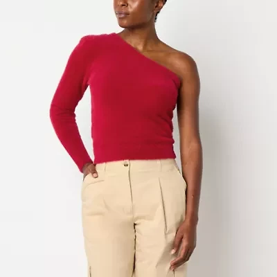 Worthington Womens Asymmetrical Neck Long Sleeve Pullover Sweater