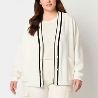 Stylus Womens Y Neck Long Sleeve Button Plus Cardigan