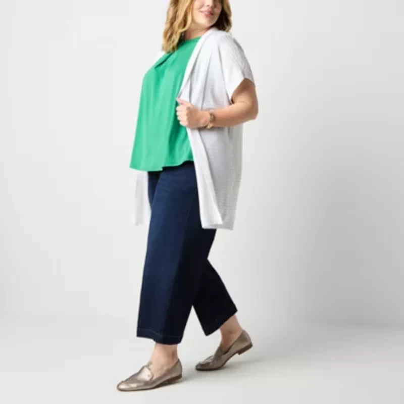 Liz Claiborne Womens Short Sleeve Open Front Plus Cardigan