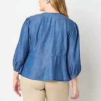 Liz Claiborne Womens Plus V Neck 3/4 Sleeve Peplum Top