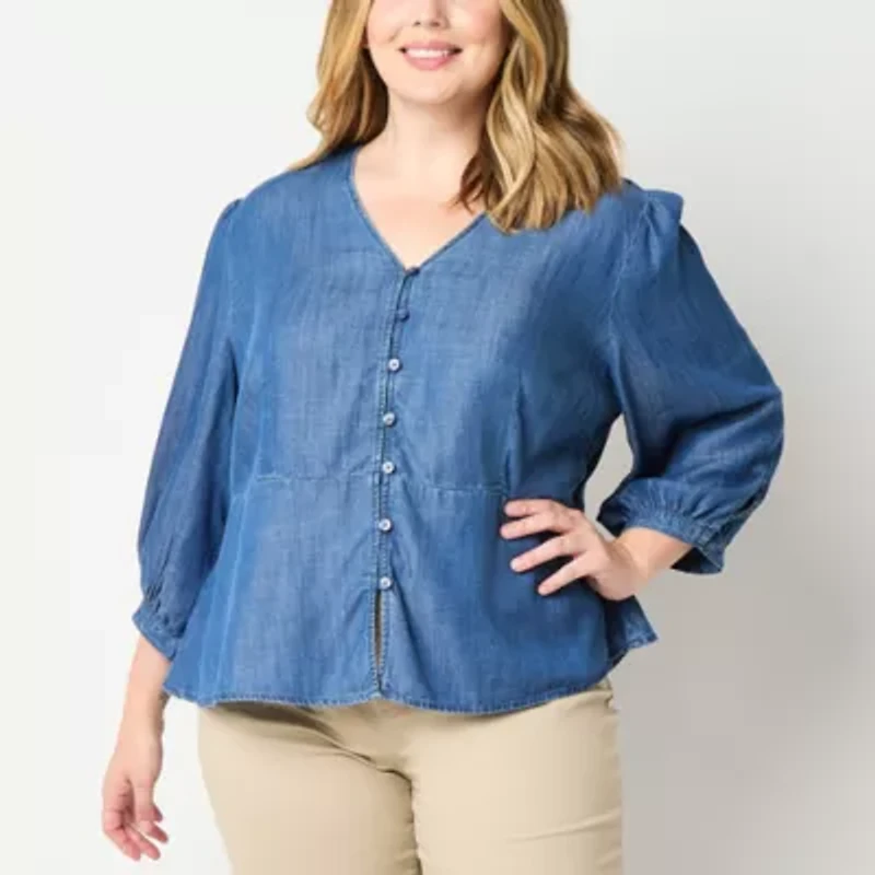 Liz Claiborne Womens Plus V Neck 3/4 Sleeve Peplum Top