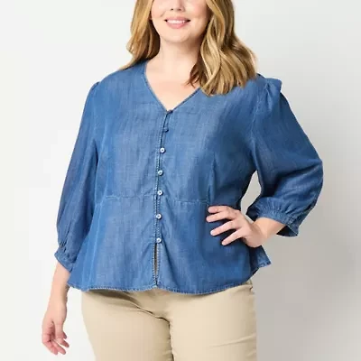 Liz Claiborne Womens Plus V Neck 3/4 Sleeve Peplum Top