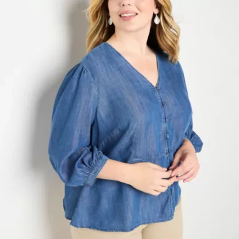 Liz Claiborne Womens Plus V Neck 3/4 Sleeve Peplum Top