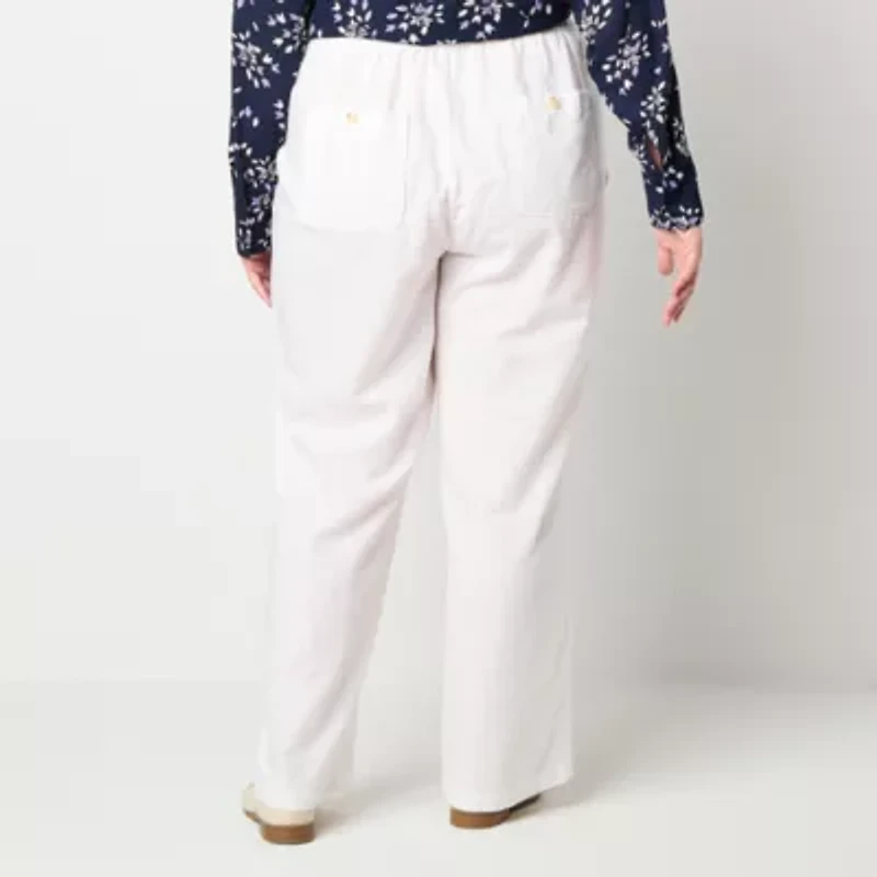 Liz Claiborne Linen Womens Plus Wide Leg Mid Rise Drawstring Pant