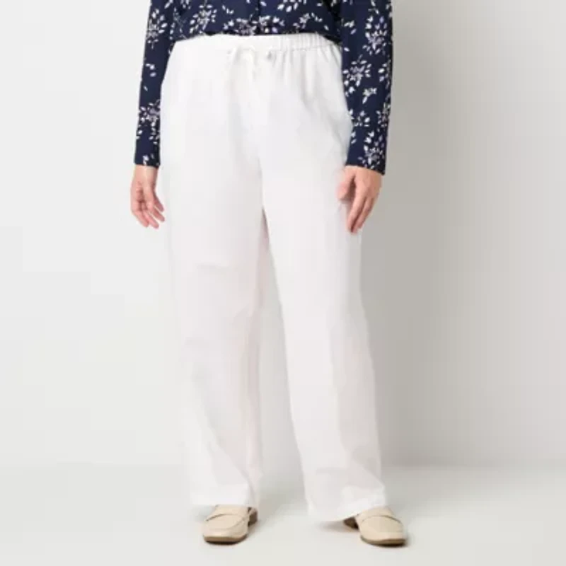 Liz Claiborne Linen Womens Plus Wide Leg Mid Rise Drawstring Pant