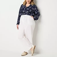 Liz Claiborne Linen Womens Plus Wide Leg Mid Rise Drawstring Pant