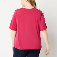 Liz Claiborne Sustainable Womens Plus Round Neck Elbow Sleeve Blouse