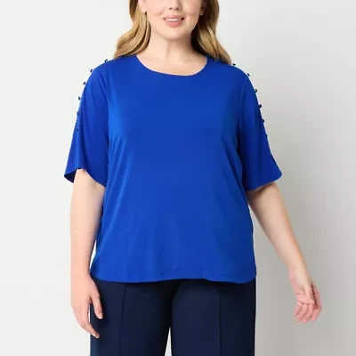 Liz Claiborne Sustainable Womens Plus Round Neck Elbow Sleeve Blouse