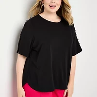 Liz Claiborne Sustainable Womens Plus Round Neck Elbow Sleeve Blouse