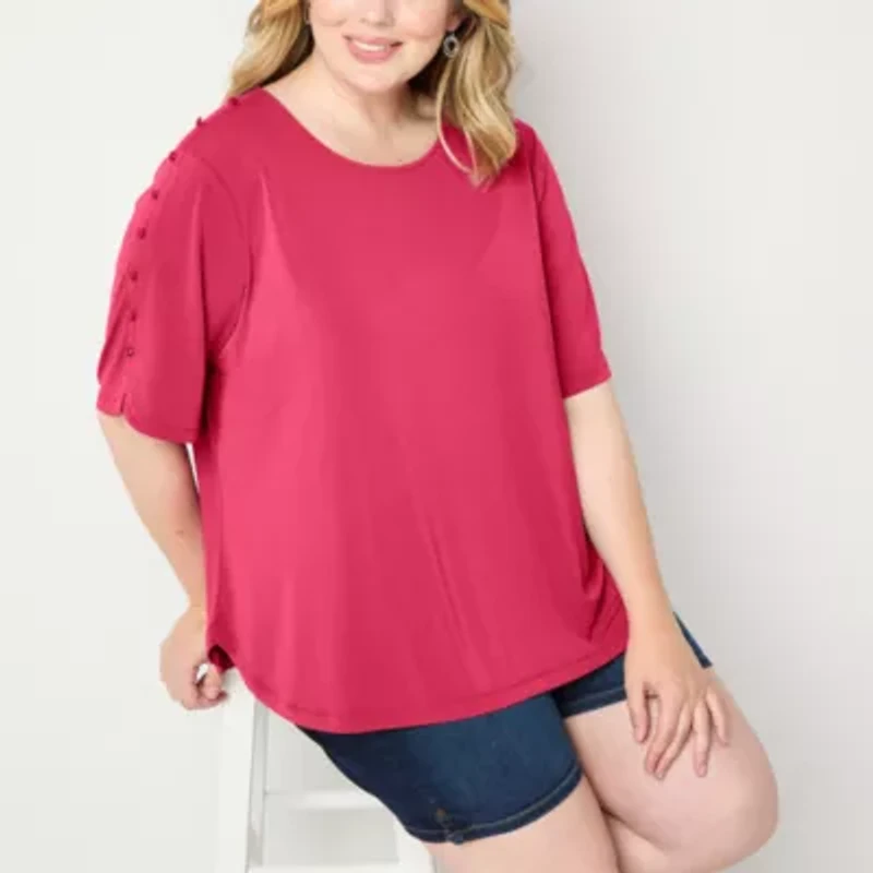 Liz Claiborne Sustainable Womens Plus Round Neck Elbow Sleeve Blouse