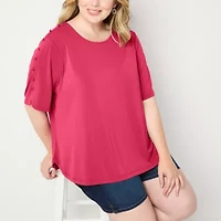 Liz Claiborne Sustainable Womens Plus Round Neck Elbow Sleeve Blouse