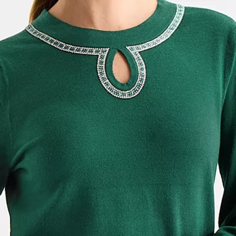 Liz Claiborne Womens Keyhole Neck Embellished Long Sleeve Pullover Sweater
