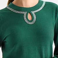 Liz Claiborne Womens Keyhole Neck Embellished Long Sleeve Pullover Sweater