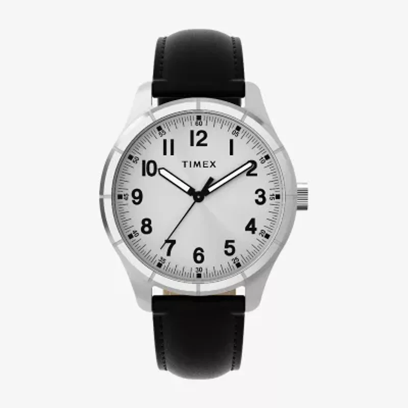 Timex Mens Black Leather Strap Watch Tw2y16000jt