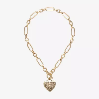 Bold Elements Gold Tone Womens Glass Heart 18 Inch Pendant Necklace