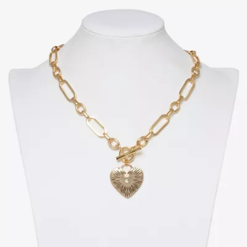 Bold Elements Gold Tone Womens Glass Heart 18 Inch Pendant Necklace