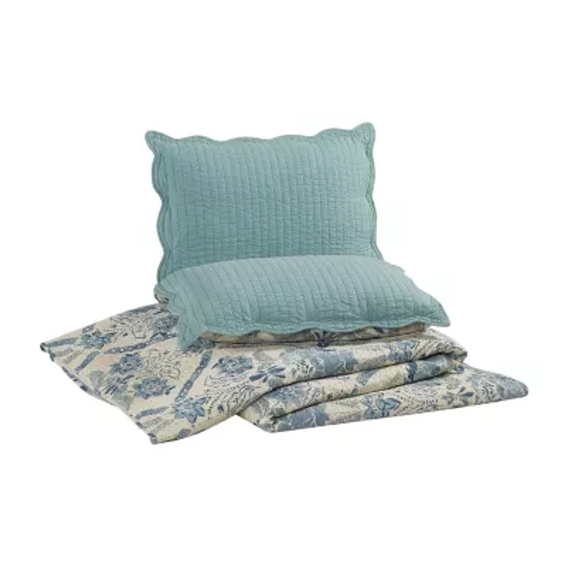 spartina 449 Mystic Moss Damask 3-pc. Floral Quilt Set