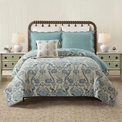spartina 449 Mystic Moss Damask 3-pc. Floral Quilt Set
