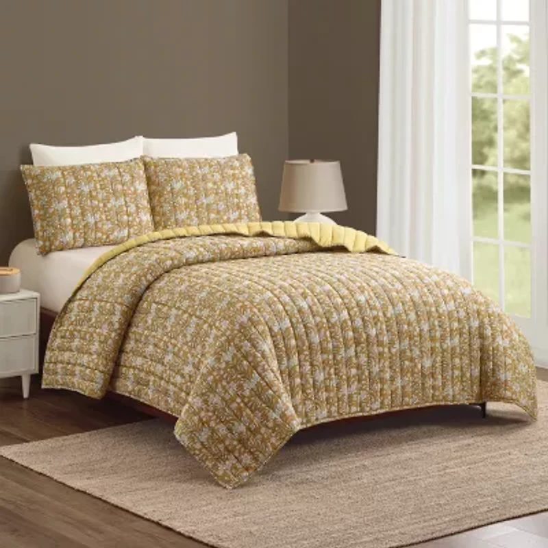 Laurel & Mayfair Sketched Floral Block Print 3-Piece 3-pc. Quilt Set