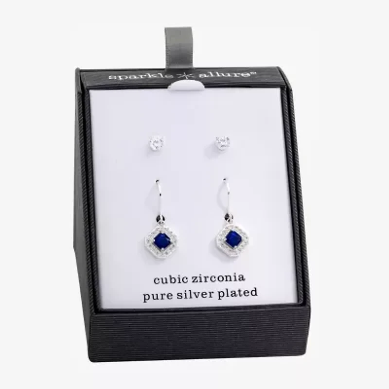 Sparkle Allure Womens Blue Crystal Square 2 Pair Earring Set