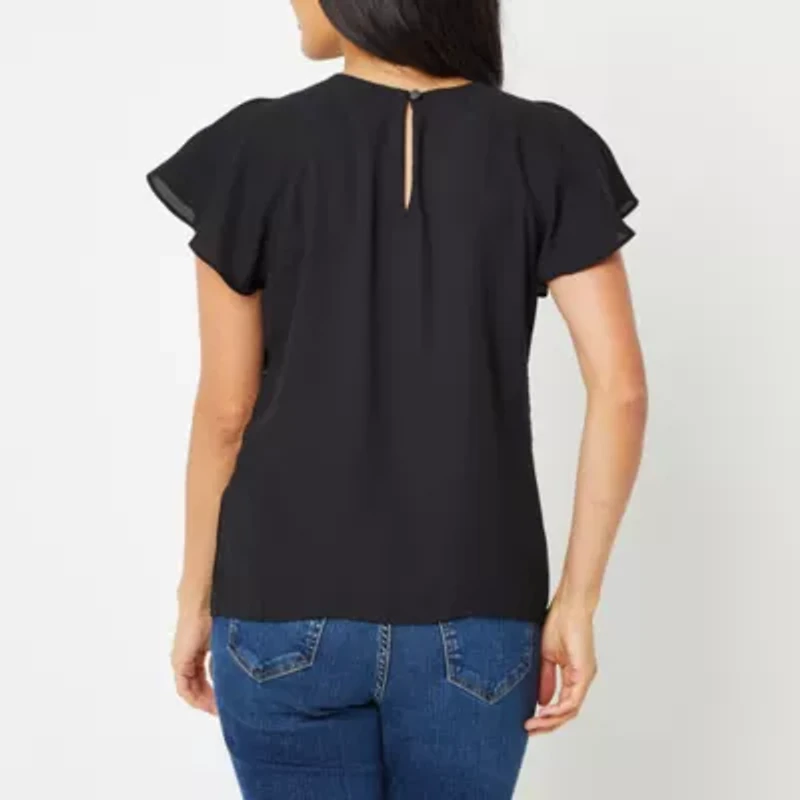 Worthington Womens Round Neck Short Sleeve Petite Blouse