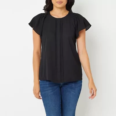 Worthington Womens Round Neck Short Sleeve Petite Blouse