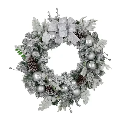 Northlight Glitter And Frosted Foliage Artificial With Bow 30-Inch Unlit Wreath