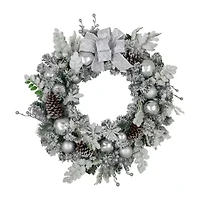 Northlight Glitter And Frosted Foliage Artificial With Bow 30-Inch Unlit Wreath