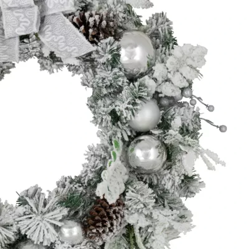 Northlight Glitter And Frosted Foliage Artificial With Bow 30-Inch Unlit Wreath