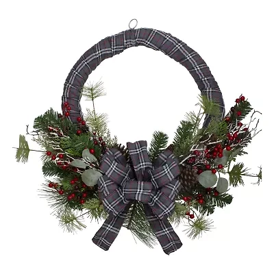 Northlight Gray And Red Plaid Artificial With Red Berries 24-Inch Unlit Wreath