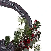Northlight Gray And Red Plaid Artificial With Red Berries 24-Inch Unlit Wreath