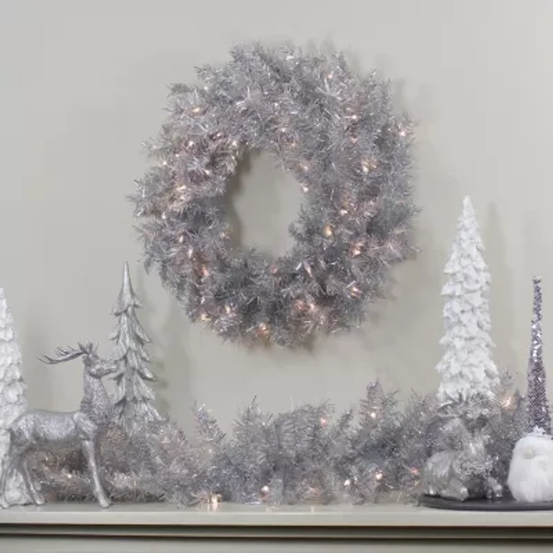 Northlight 24" Silver Tinsel Artificial Clear Lights Pre-Lit Wreath