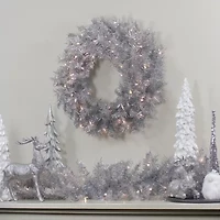 Northlight 24" Silver Tinsel Artificial Clear Lights Pre-Lit Wreath