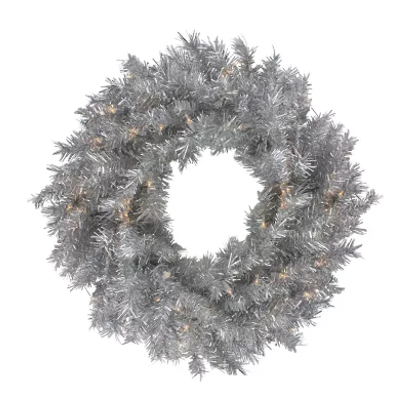Northlight 24" Silver Tinsel Artificial Clear Lights Pre-Lit Wreath