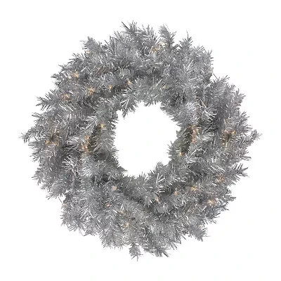 Northlight 24" Silver Tinsel Artificial Clear Lights Pre-Lit Wreath
