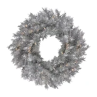 Northlight 24" Silver Tinsel Artificial Clear Lights Pre-Lit Wreath