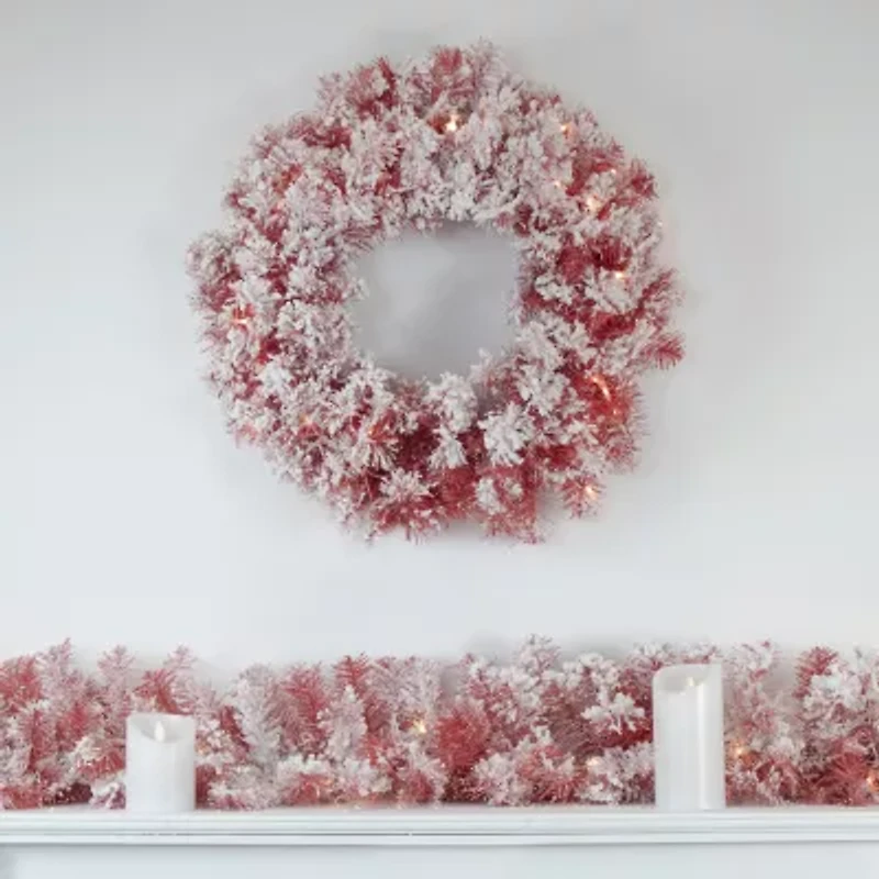 Northlight Flocked Red Artificial 36 Inch Clear Lights Pre-Lit Wreath