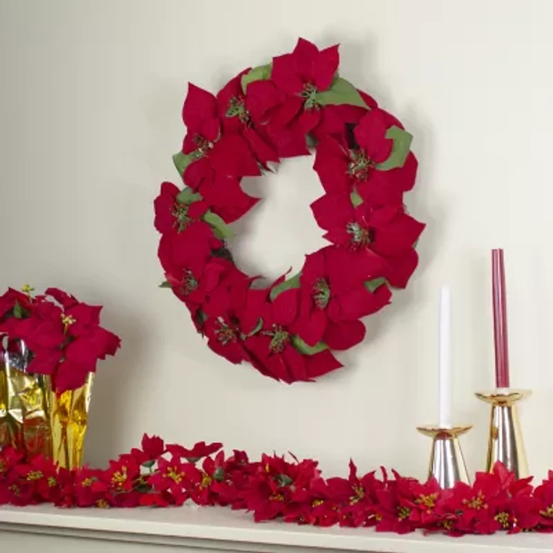 Northlight 24" Red Artificial Poinsettia Flower Unlit Wreath