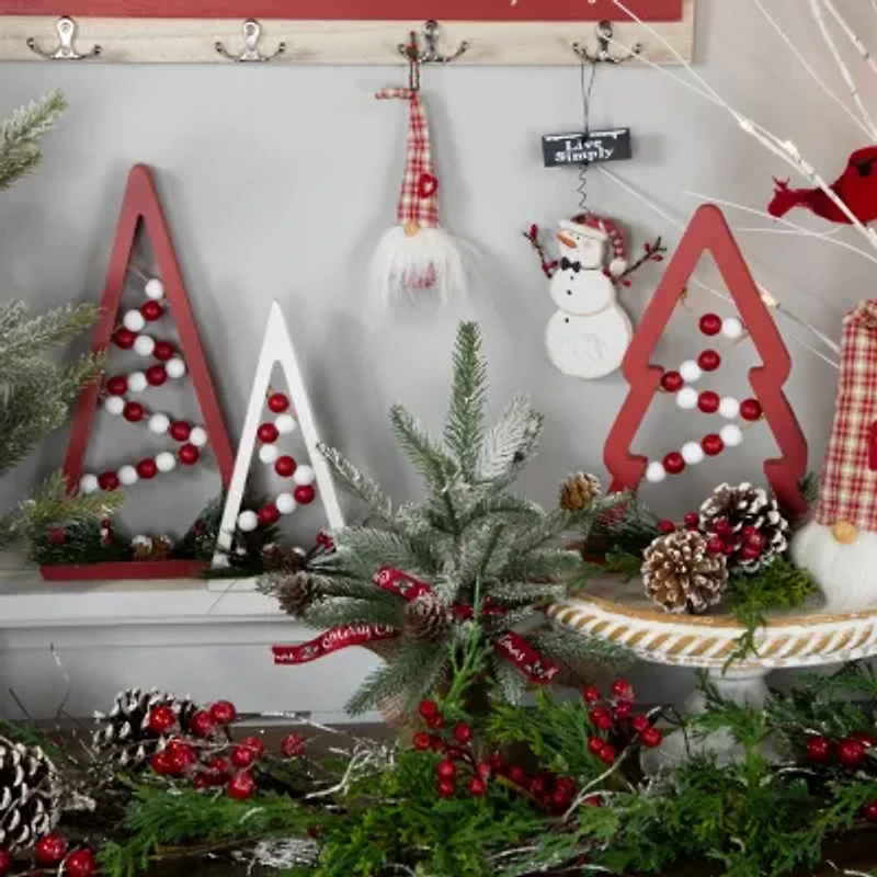 Northlight 11.75" Red And White Beaded Trees Wooden 3-pc. Christmas Tabletop Decor