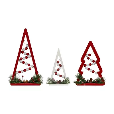 Northlight 11.75" Red And White Beaded Trees Wooden 3-pc. Christmas Tabletop Decor