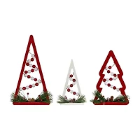 Northlight 11.75" Red And White Beaded Trees Wooden 3-pc. Christmas Tabletop Decor