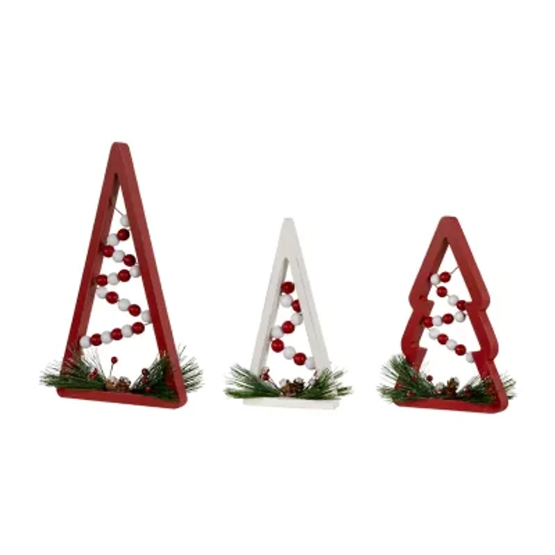 Northlight 11.75" Red And White Beaded Trees Wooden 3-pc. Christmas Tabletop Decor