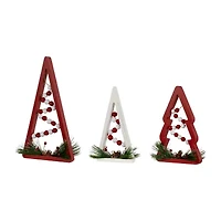 Northlight 11.75" Red And White Beaded Trees Wooden 3-pc. Christmas Tabletop Decor