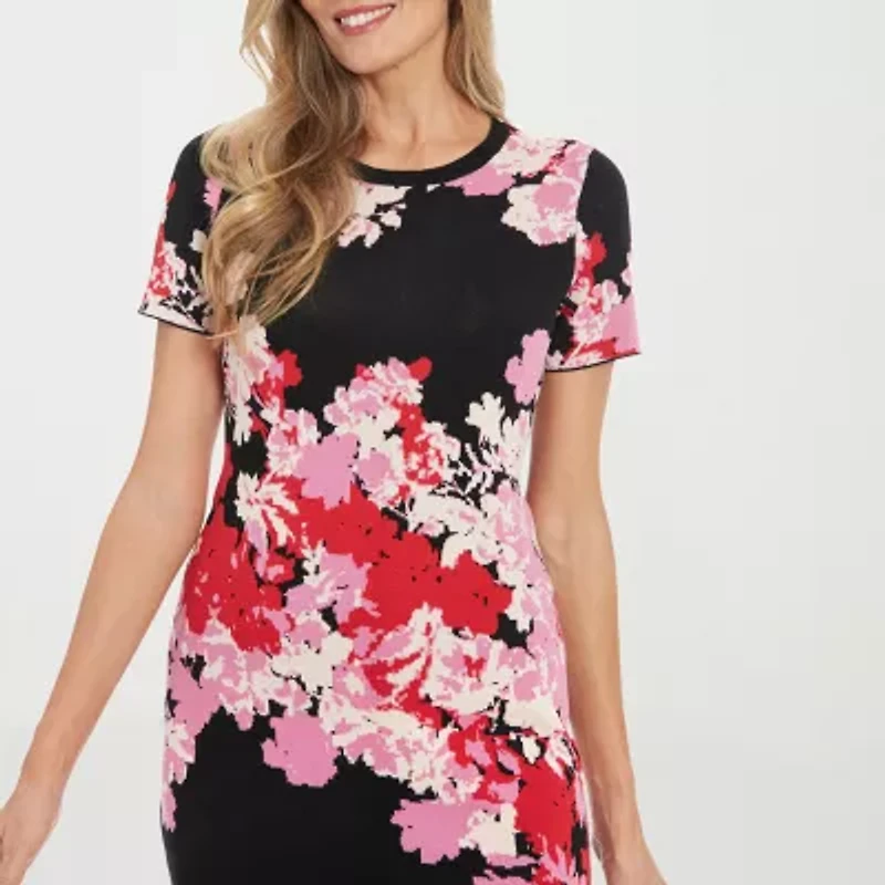 London Style Womens Short Sleeve Floral Midi Sweater Dress Petite