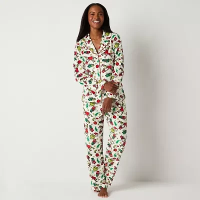 Womens Dr. Seuss Grinch Velour V-Neck Long Sleeve 2-pc. Matching Family Pajama Sets