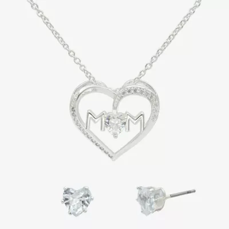 Sparkle Allure Mom Womens Cubic Zirconia Pure Silver Over Brass Heart 2-pc. Jewelry Set