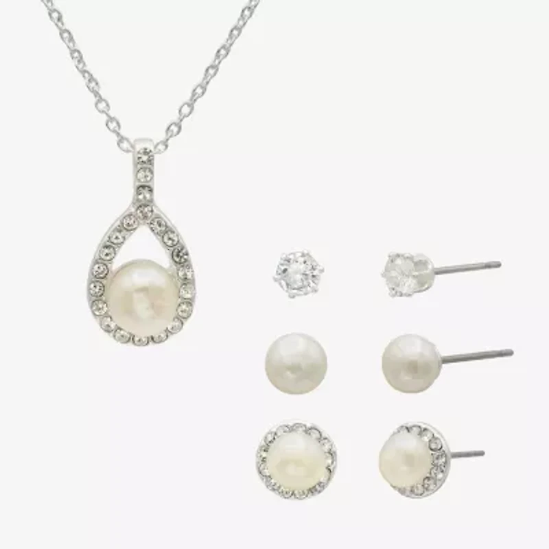 Sparkle Allure Womens Cubic Zirconia Cultured Freshwater Pearl Pure Silver Over Brass 4-pc. Jewelry Set