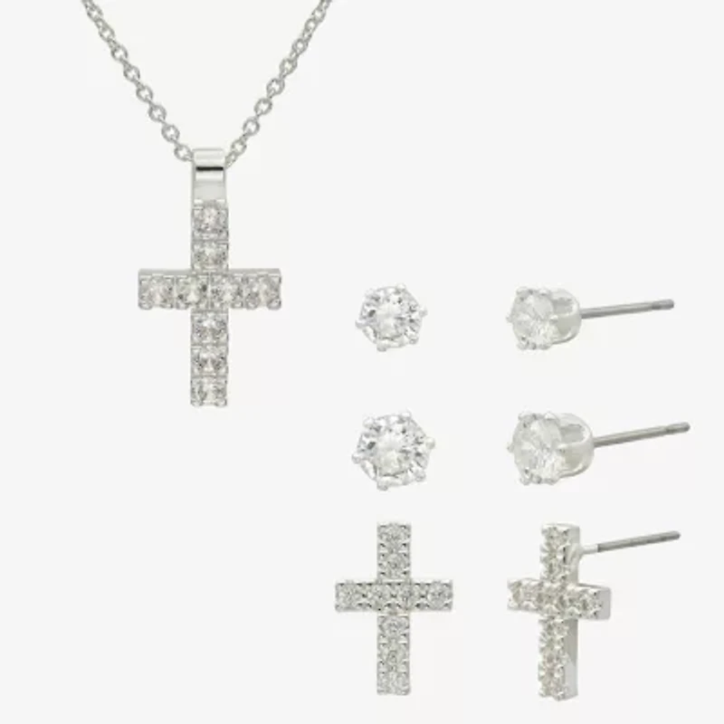 Sparkle Allure Womens Cubic Zirconia Pure Silver Over Brass Cross 4-pc. Jewelry Set