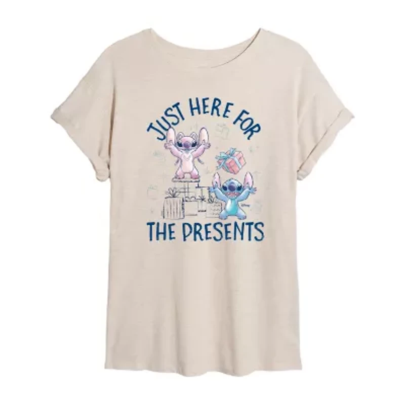 Stitch Just Here For The Presents Tee Womens Crew Neck Short Sleeve Graphic T-Shirt