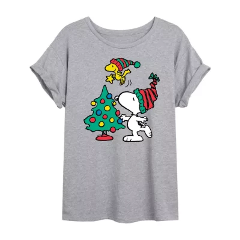 Peanuts Snoopy And Woostock Tree Tee Womens Crew Neck Short Sleeve Graphic T-Shirt